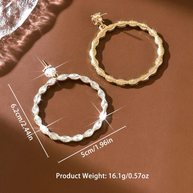 Large Circle Earrings Women Statement Geometric Dangle With Rhinestones Stainless Steel Post Alloy Lightweight