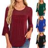 Women's Solid Color Seven Quarter Sleeved Shirt With Pleated Flared Sleeves And Round Neck Mesh Top