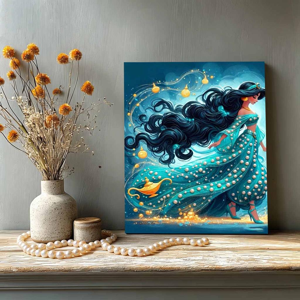 Classic Princess Jasmine Turquoise Pearl Dress Pearl Art Painting Aladdin Golden Magic Lamp Magic Light Belt Pearl Inlaid Frameless Craft Painting