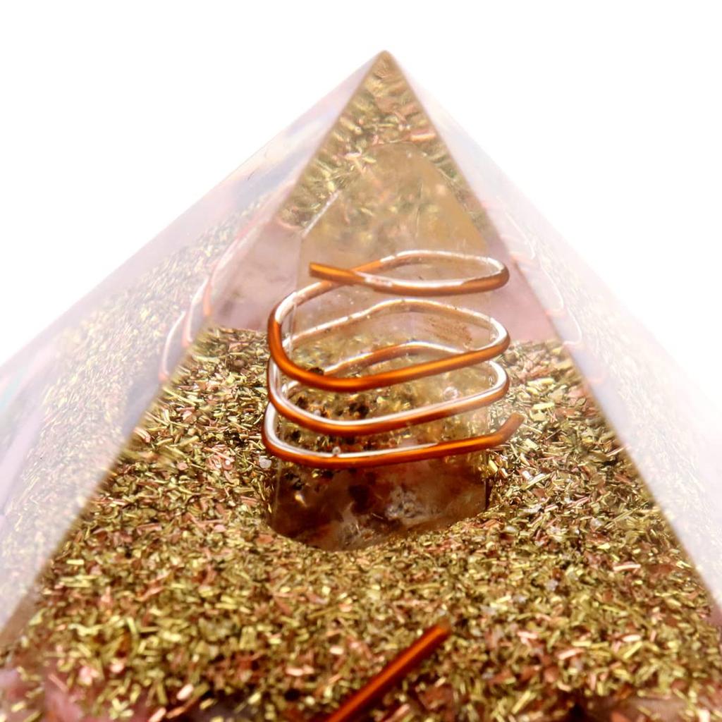 [GOLD STONE] Natural Orgonite Pyramid with Single Quartz Crystal, Spiritual Item, Approximately 65-70mm Wide, Pink Opal