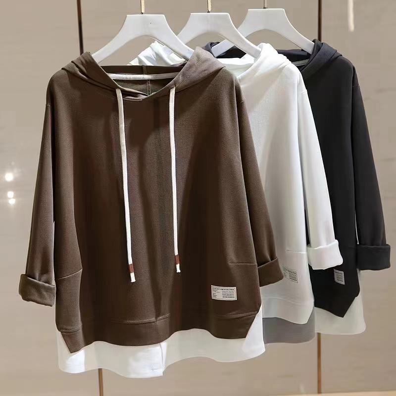 Dimanaf 2023 New Plus Size Women Hoodies & Sweatshirts Full Sleeve Patchwork Loose Solid Casual O-Neck Autumn Basic Tops 2023 Hat T-Shirt New Pullover