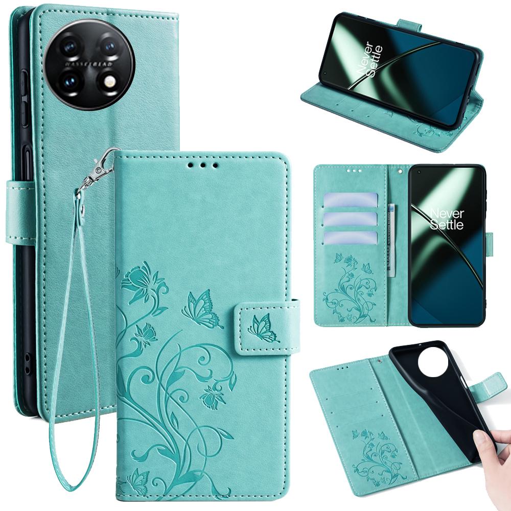 

For OnePlus 11 5G Case Butterfly Flower Imprinted PU Leather Flip Phone Cover with 3 Card Slot Green
