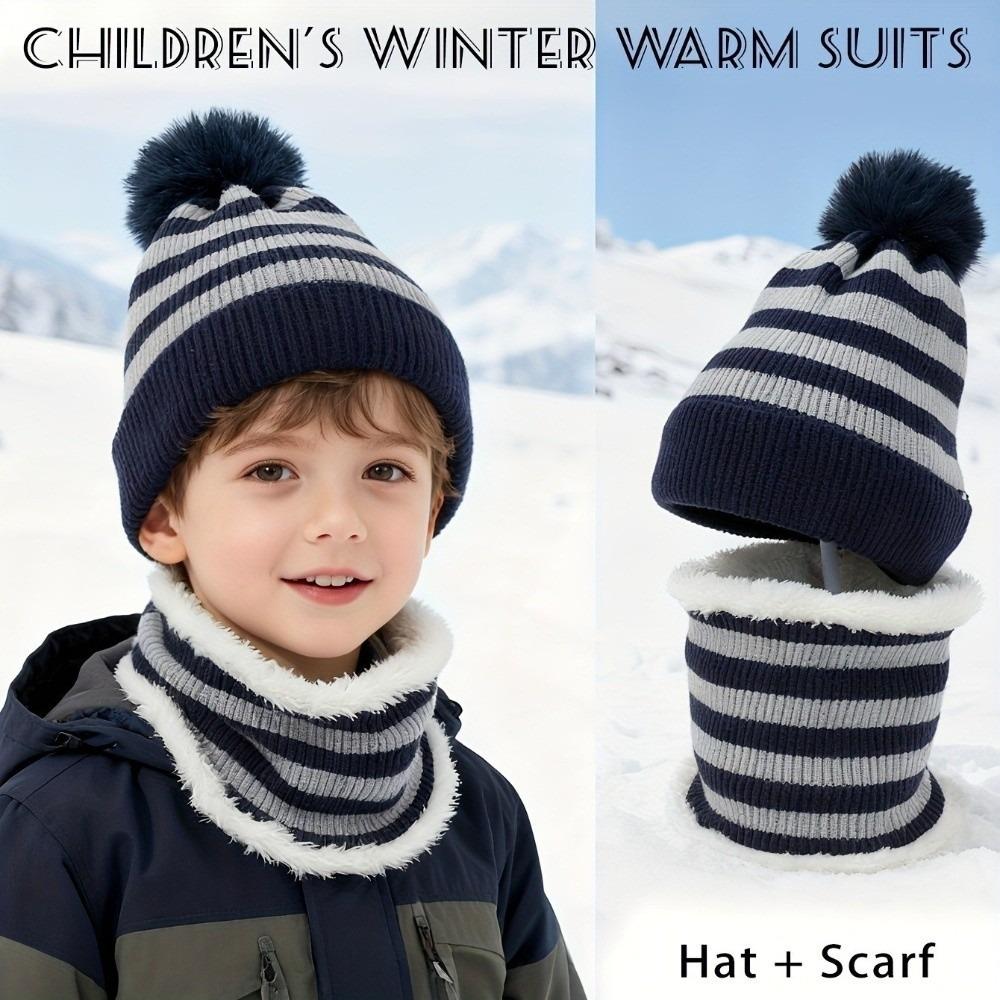 Fleece Lined Knit Beanie Hat Striped Pattern Pom Pom Hat Warm Fleece Lined Scarf  Outdoor Sports