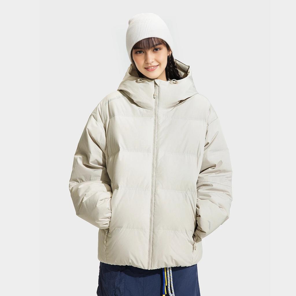 Li Ning CF Série Outdoor Couleur Unie Décontracté Coupe Ample Veste à Capuche Courte Zippée Duvet Vêtements d'extérieur Unisexe Blanc AYMV157-1