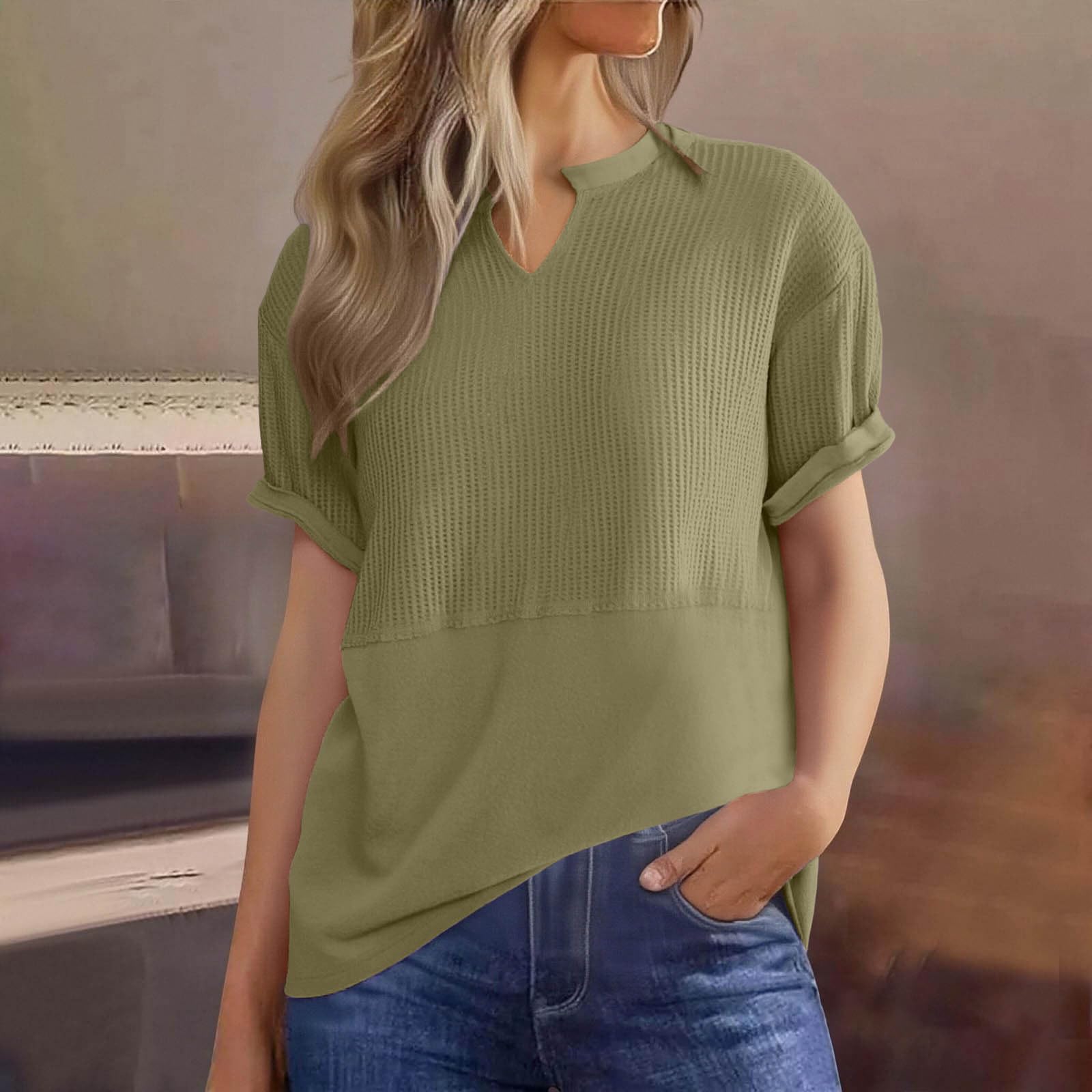 Womens  Knit Tops Casual V Neck Short Sleeve T Shirts Loose Blouses L