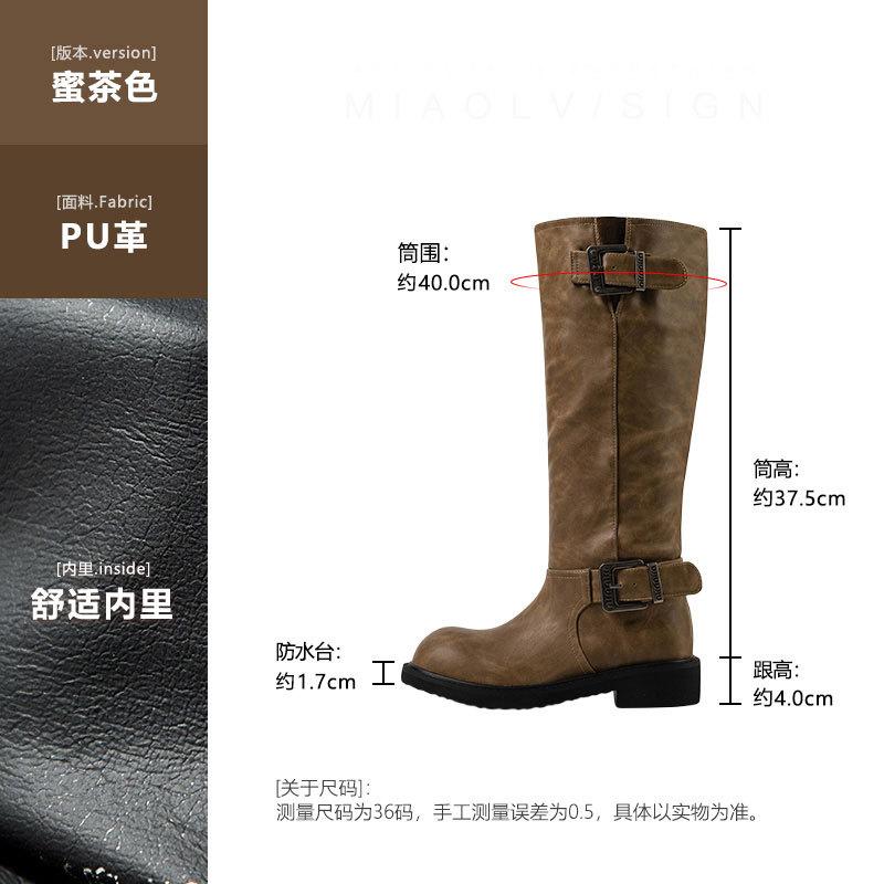 New spot 2025 autumn and winter tall knight boots old retro style thick heel long boots thick sole belt buckle middle heel