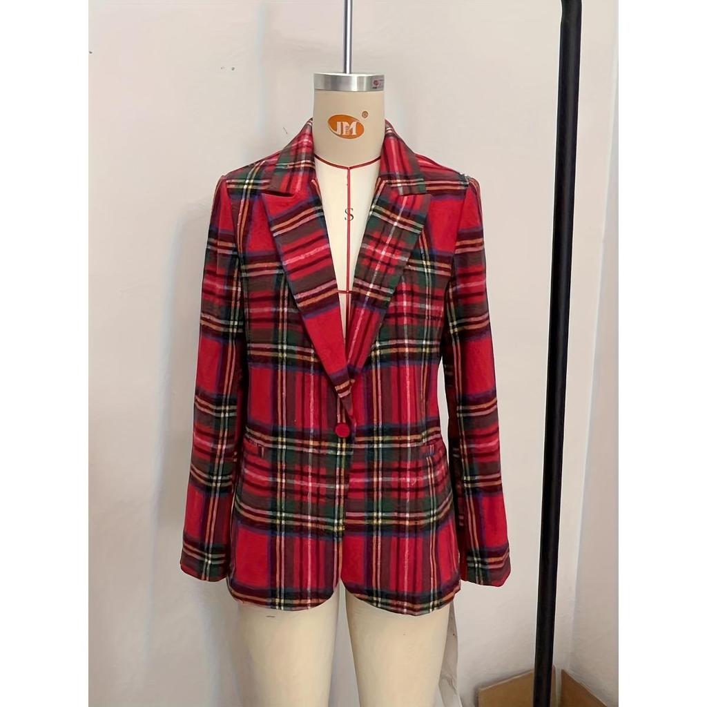 Winter Fall Christmas Red Plaid Long Sleeve Blazer Jacket Women's Fashion Outerwear