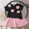 Children's Clothing 2-7Y Girls Skirt Suit Pink Flower Black T-shirt + Pink Pleated Skirt Set Cute Skirt Cotton Short Sleeve