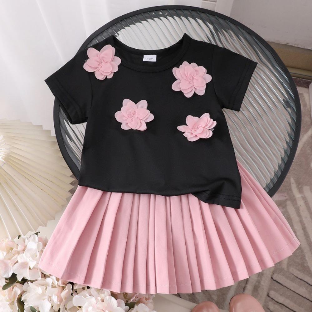 Children's Clothing 2-7Y Girls Skirt Suit Pink Flower Black T-shirt + Pink Pleated Skirt Set Cute Skirt Cotton Short Sleeve
