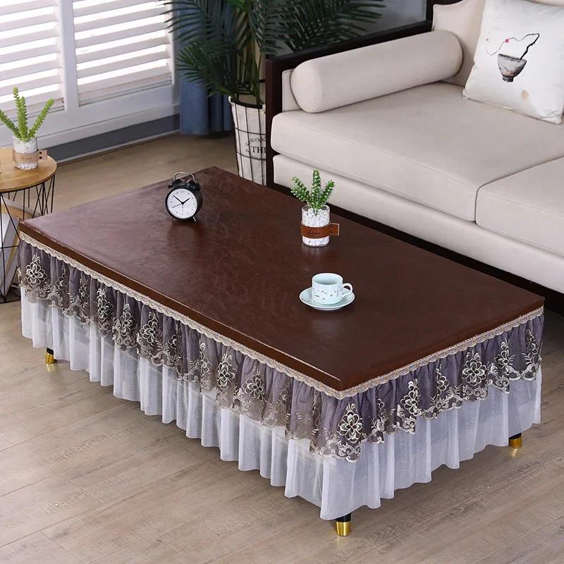 Waterproof Heat-resistant Table Cover Embroidered Lace Edge Leather Tablecloth Dining Table Chiffon Hem Oil Proof Dust Cover