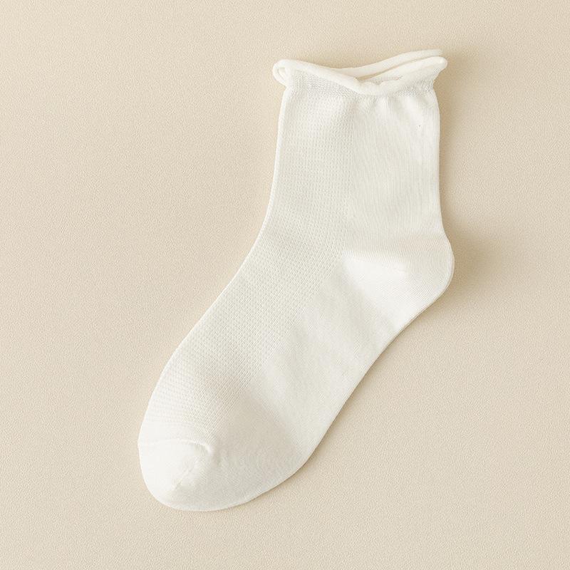 Female Spring and Autumn Solid Color Curled Loose Mouth Mesh College Wind Yuezi Tube Cotton Socks