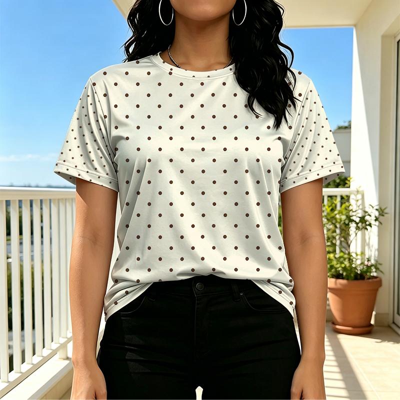 Women's Short Loose Fit Polka Dot T-Shirt - Soft Skin-Friendly Casual Top, Minimalist Commute Style, Versatile for Daily Wear & Outdoor Walks