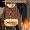 Women's Fashion Christmas Printed Padded Thickened Hooded Sweatshirt Casual Two Piece Set