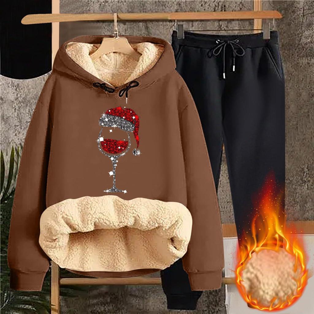 Women's Fashion Christmas Printed Padded Thickened Hooded Sweatshirt Casual Two Piece Set