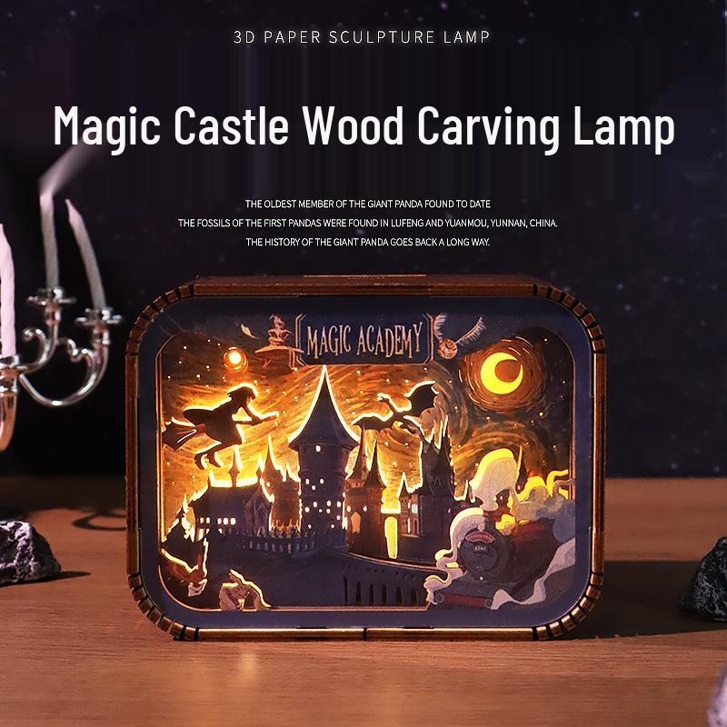 Luminária de Noite em Madeira Esculpida Harry Potter Hogwarts – Presente Criativo de Aniversário e Ornamento de Mesa para Crianças