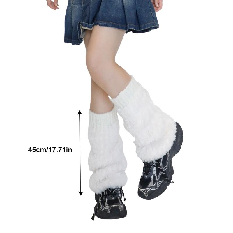 Ribbed Knit Cuffs Furry Leg Warmers for Women Students Winter Furry Plush Boot Covers Stretchy Calf Socks Streetwear