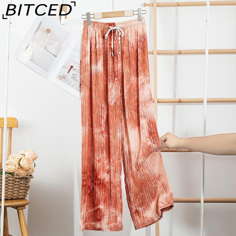 BITCED Tie-Dye Ice Silk Wide-Leg Trousers for Women Summer Lightweight High-Waisted Drape-Effect Colour-Printed Pleated Casual Floor-Length Trousers