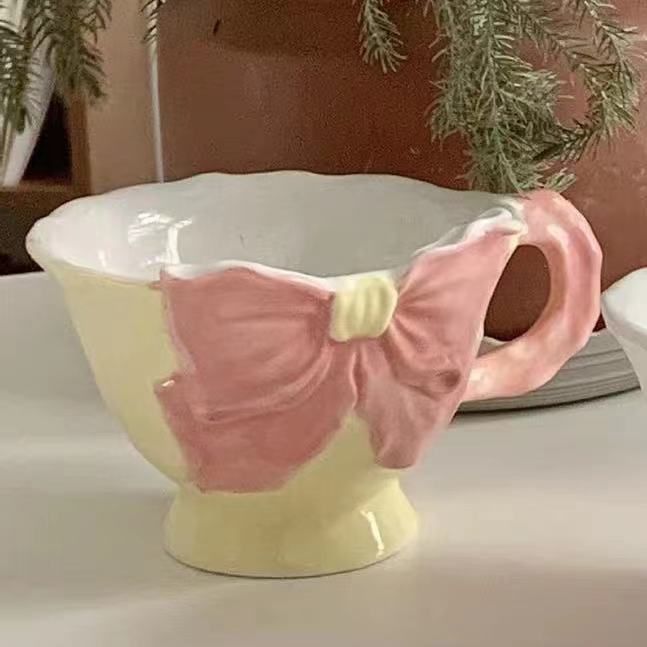 Schleifen Unterglasierte Keramik Kaffeetassen Schöne Handgemachte Porzellan Tee Milch Tassen Geschirr Einzigartig Handbemalt Rosa Gelb