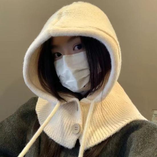 Knitting Hat Solid Color Buttons Closure Drawstring Hooded Scarf Women Winter Warm Windproof Elastic Thermal Hat