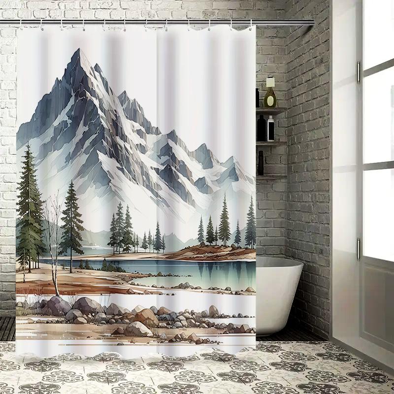 Watercolor Snow Mountain Lake Shower Curtain Nature Landscape Art Bathroom Decor Easy To Clean And Maintain Elevate Space