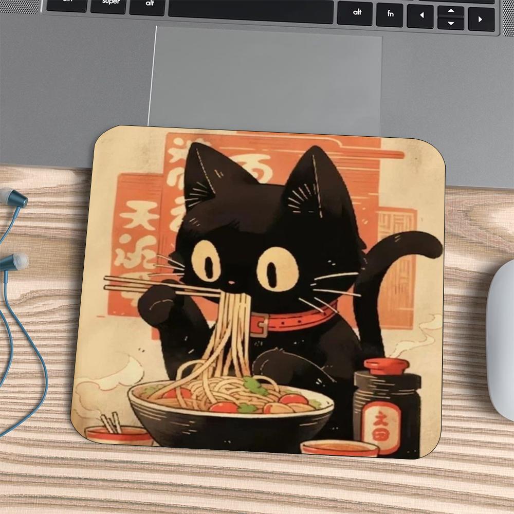 Square Mouse Pad Vintage Japanese Black Cat Ramen Print Stitched Edge Anti‑Slip Rubber Desk Mat for Gaming Working Home Office
