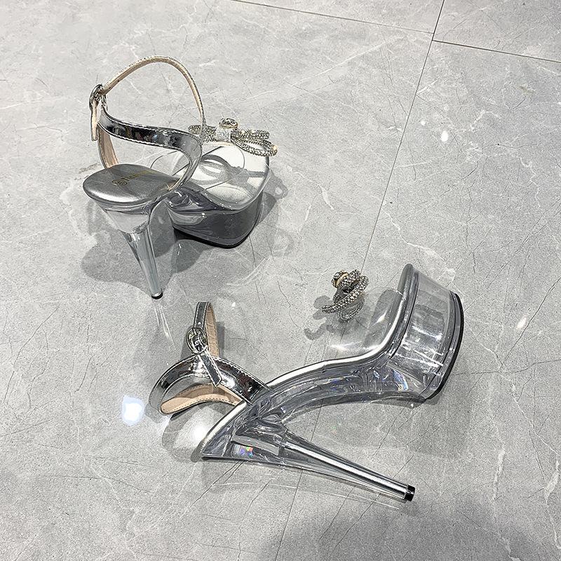 Summer Fashion Nightclub New Waterproof Platform Crystal Bottom Pointed Wedding Fashion Catwalk Super High-heeled Women's Single Shoes