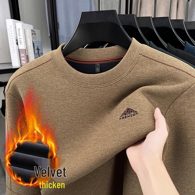 Mid-Aged Men's Winter Plus Velvet Hoodie - Casual, Loose Fit, Round Neck Base Layer Top.