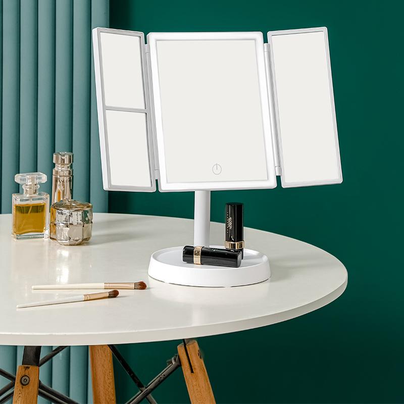 Wireless Folding Cosmetic Reflector With LED Light 3 Tone Lights Desktop Vanity Mirror 2X/3X Magnifying 360° Adjustable Rechargeable