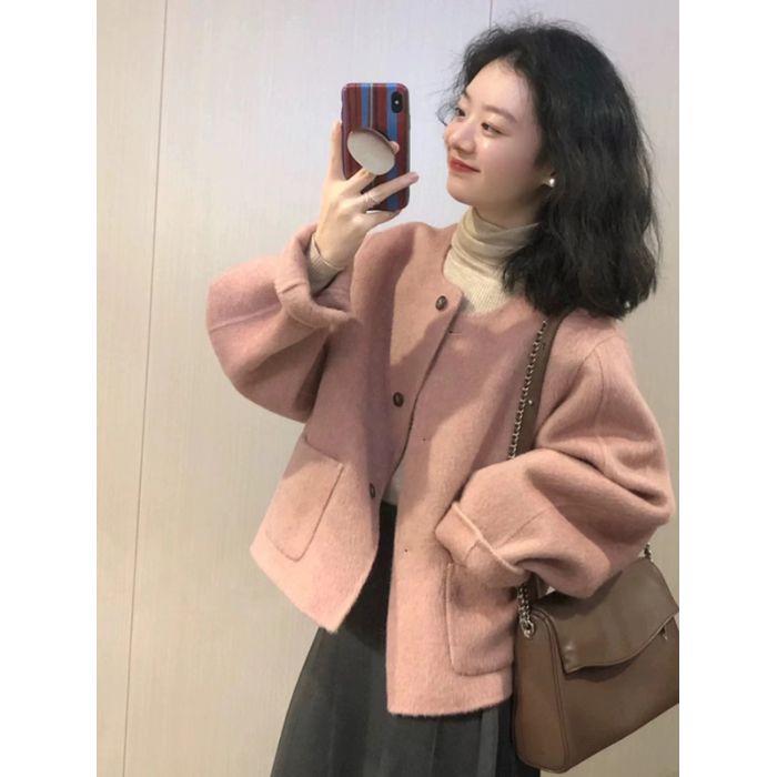 Korean Petite High-Waisted Wool Coat - Pink Short Jacket for Autumn/Winter