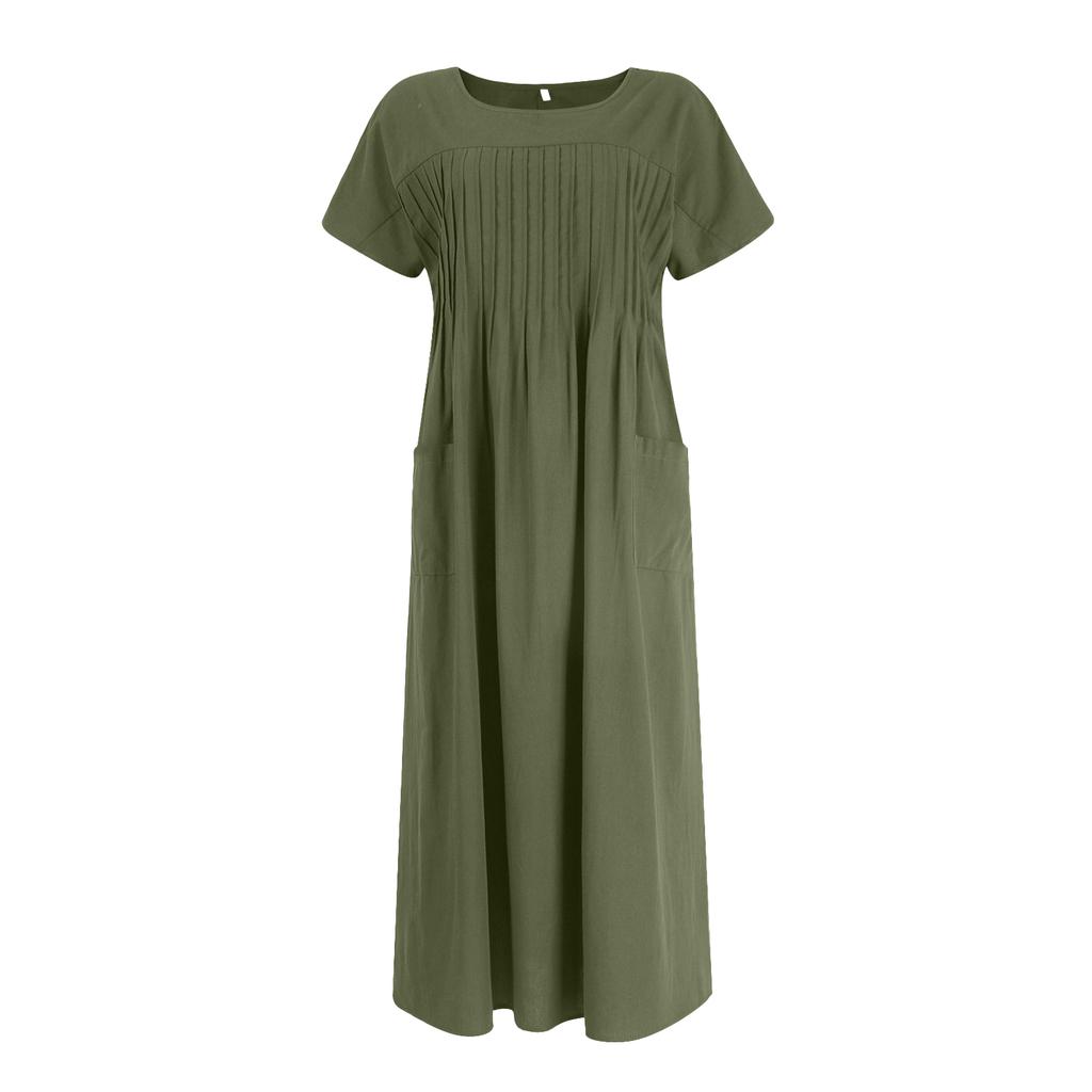 Women's Fashion Color Round Neck Pocket Pleated Short Sleeve Cotton And Linen Dress