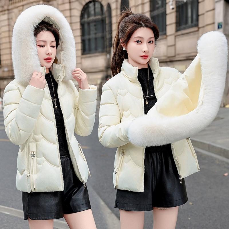 European and American Waist-hugging Cotton Jacket for Women, Short Winter Loose Thickened Large Fur Collar Coat