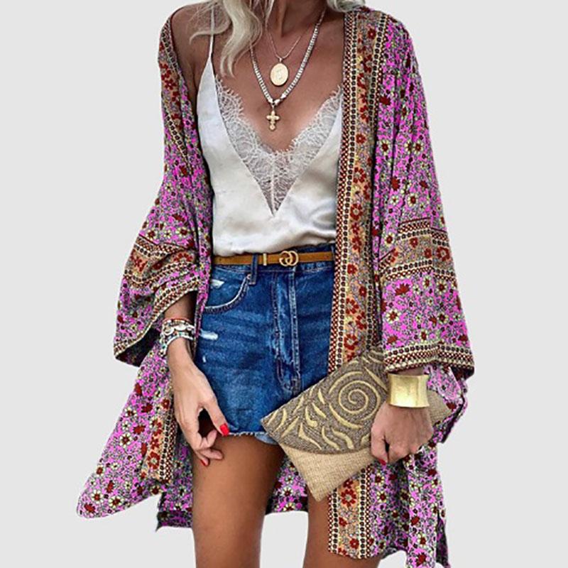 Summer Bohemian Casual Cloak Cardigan for Swimsuit Woman Beach Swimwear Tops Long Sleeved Shawl Chiffon Shirt