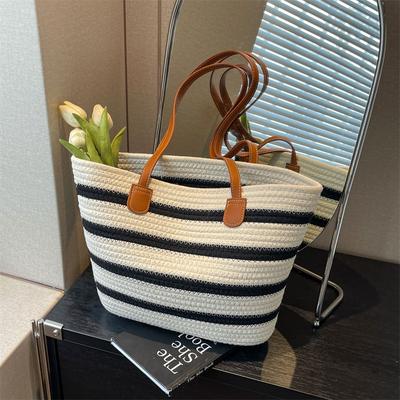 Fashion Cotton Rope Woven Handbag Large Capacity Striped Versatile Vacation Beach Bag Women Straw Casual Shoulder Bag