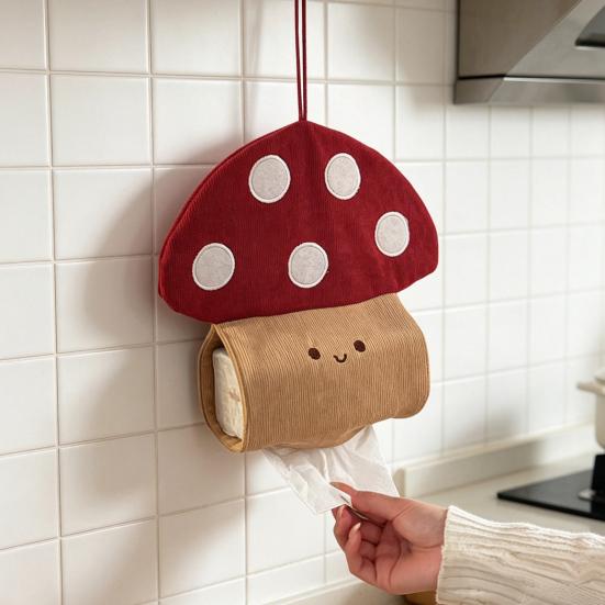 Yousheng Tissue Box Soft Velvet Fabric Hanging Tissue Holder with Lanyard Wall-Mounted Tissue Case Cute Mushroom Shapes Organizer for