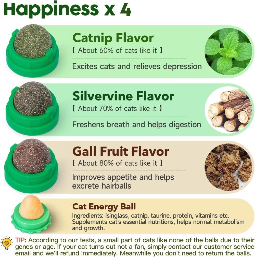 Catnip Toys Balls 4Pcs,Extra Cat Energy Ball,Edible Kitten Silvervine Toys for Cats Lick,Healthy Kitty Teeth Cleaning Dental Chew Toys,Cat Wall Treats