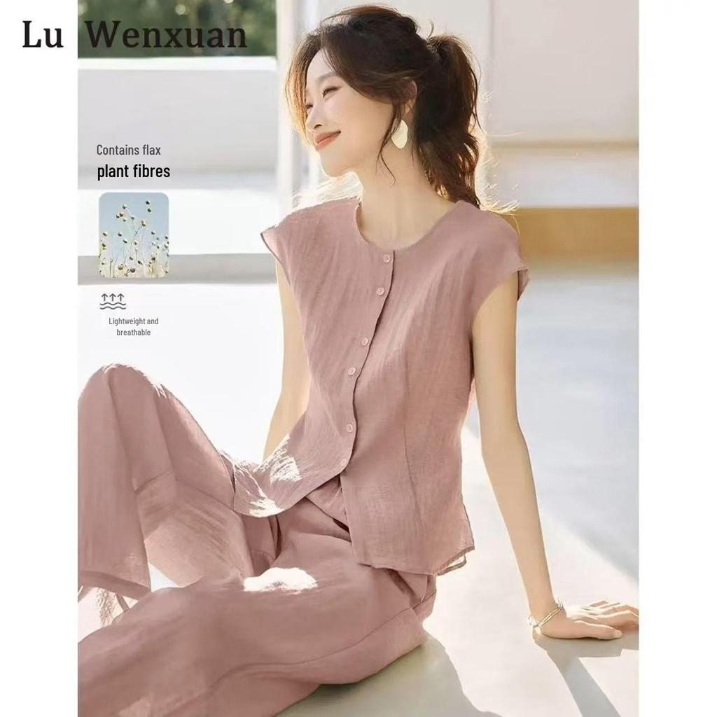 Summer 2026 Elegant Casual Two-Piece Set: Sleeveless Loose Fit Round Neck Top and Pants