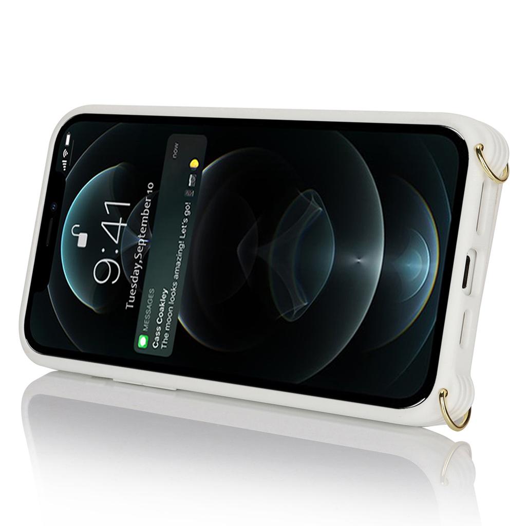 For iPhone 12/12 Pro Case Card Bag Ring Holder Litchi Texture Leather+TPU Phone Cover with Long Strap