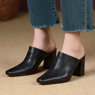 2024 Women's New Summer European and American Leather Square Headed Thick High Heel Baotou Muller Slippers Shoes for Women