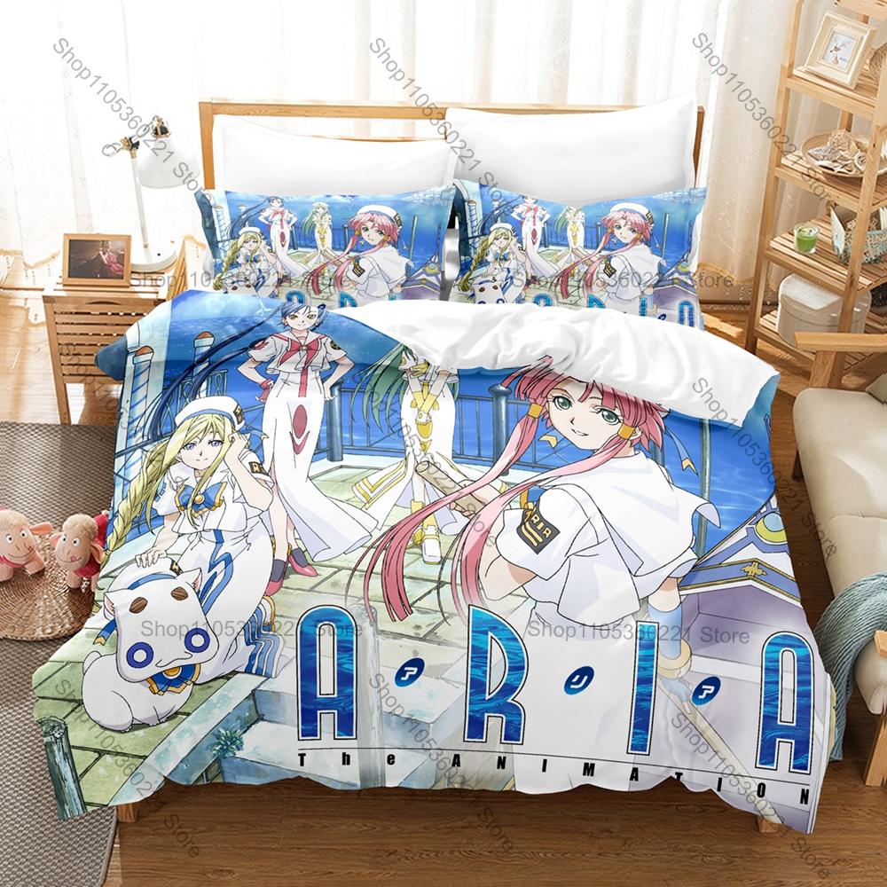 Havalı Aria the Natural Anime Nevresim Takımı + 2 Yastık Kılıfı 3D Şifalı Manga Baskılı Polyester Yatak Takımı Genç Odası Dekorasyonu