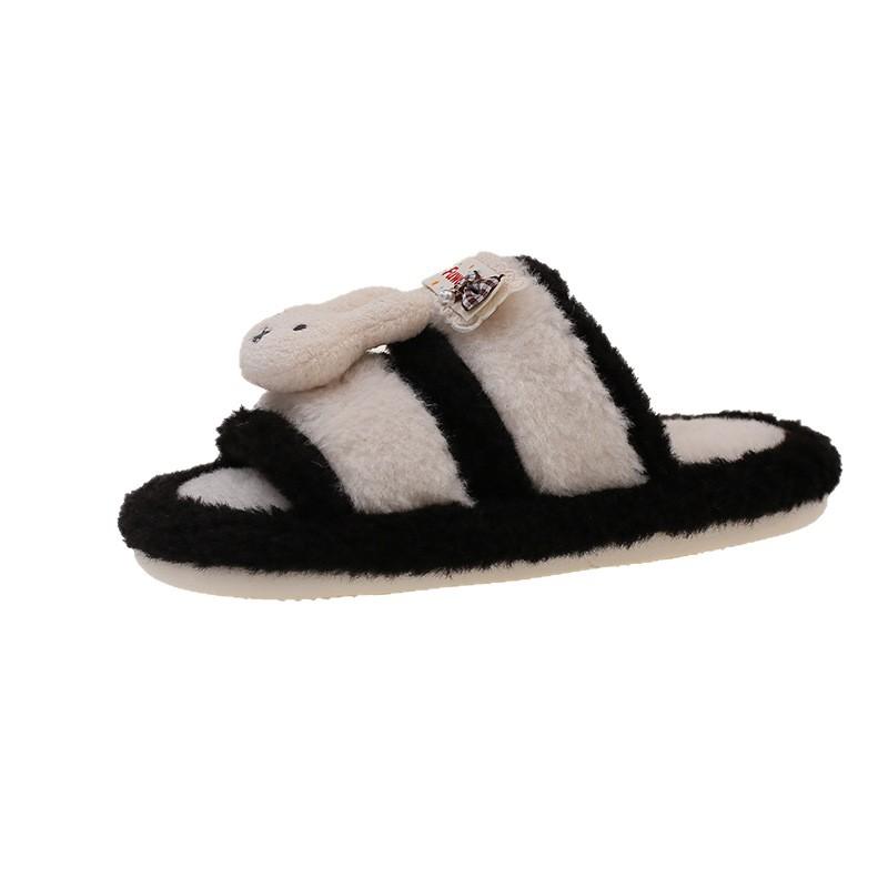 Design sense color matching cat fluffy slippers women's autumn and winter cute cartoon fashion outer wear home casual plush slippers