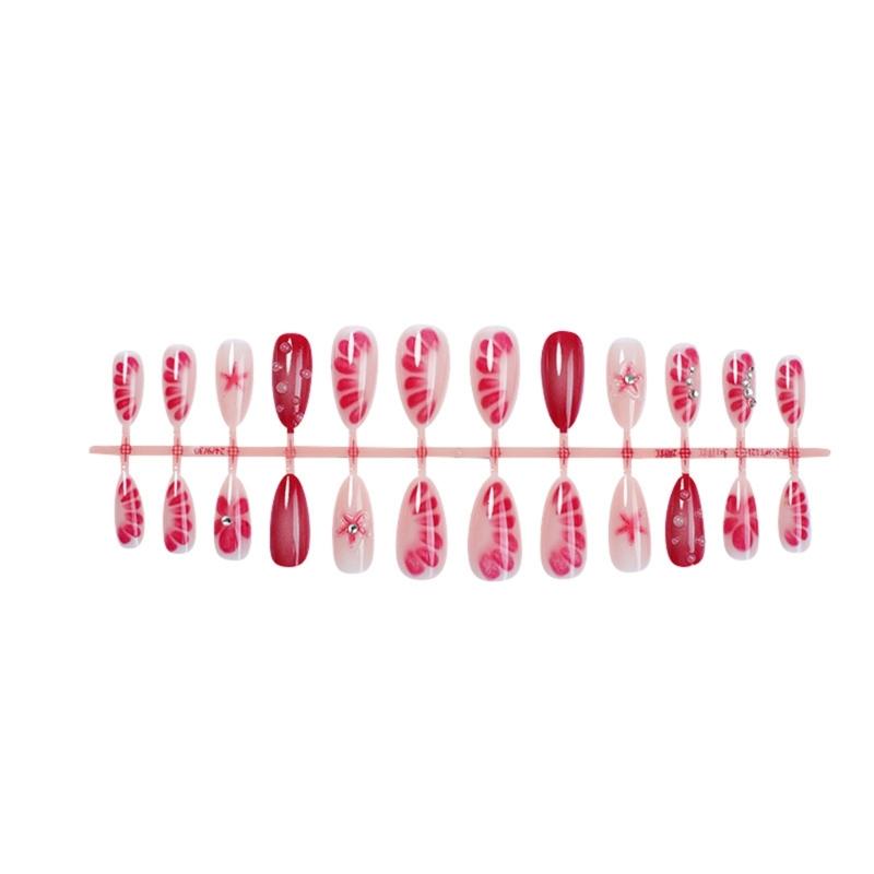 24 Pcs Glossy Full Cover Stick on Nail Almond Shape False Nail 3D Flowers Press On Nail Rhinestones Artificial Nail
