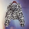 Women's Leopard Print Long-sleeved Sweatshirt Spring and Autumn Hooded Loose and Thin Drawstring Waist Top