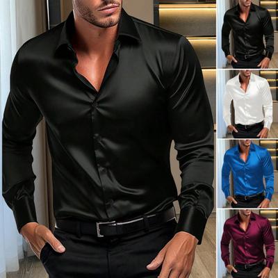Fall Spring Men Shirt Button-down Turn-down Collar Cardigan Long Sleeves Satin Slim Fit Mid Length Casual