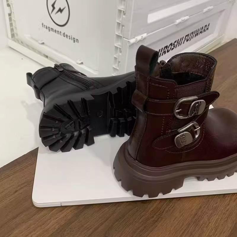 Autumn/Winter Fashionable and Versatile Leather Boots for Girls British Style Fleece-lined Short Boots Non-slip Soft-soled Cotton Boots