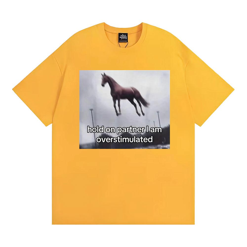 Halte durch, Kumpel, ich bin überreizt Pferd T-Shirt Lustiges Angst-Meme T-Shirts Herren Damen Mode Lässig Humor Kurzarm T-Shirt