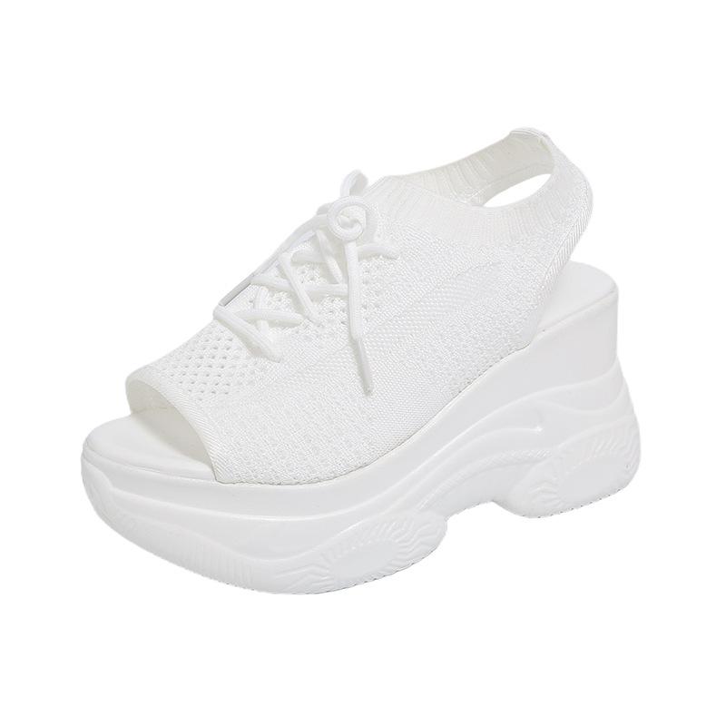 Sports Sandals Women's High-heeled Large-size Wedge Heel Fish Mouth Women's Sandals Thick-soled Mesh Lace-up Elastic Women's Shoes