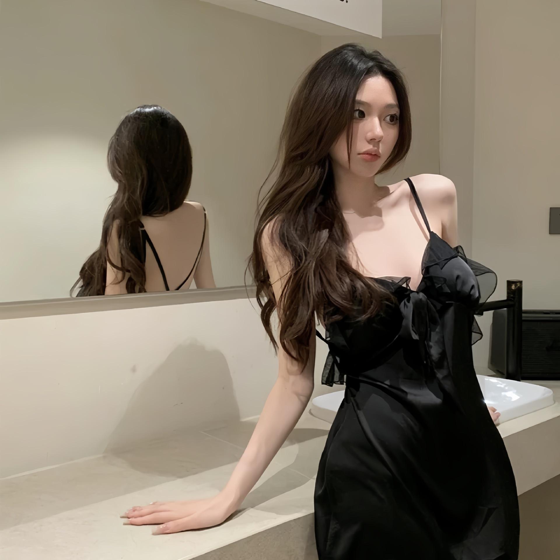 French sexy lingerie lotus leaf lace pure desire bow nightdress women s suspender nightdress backless One size fits all чёрный