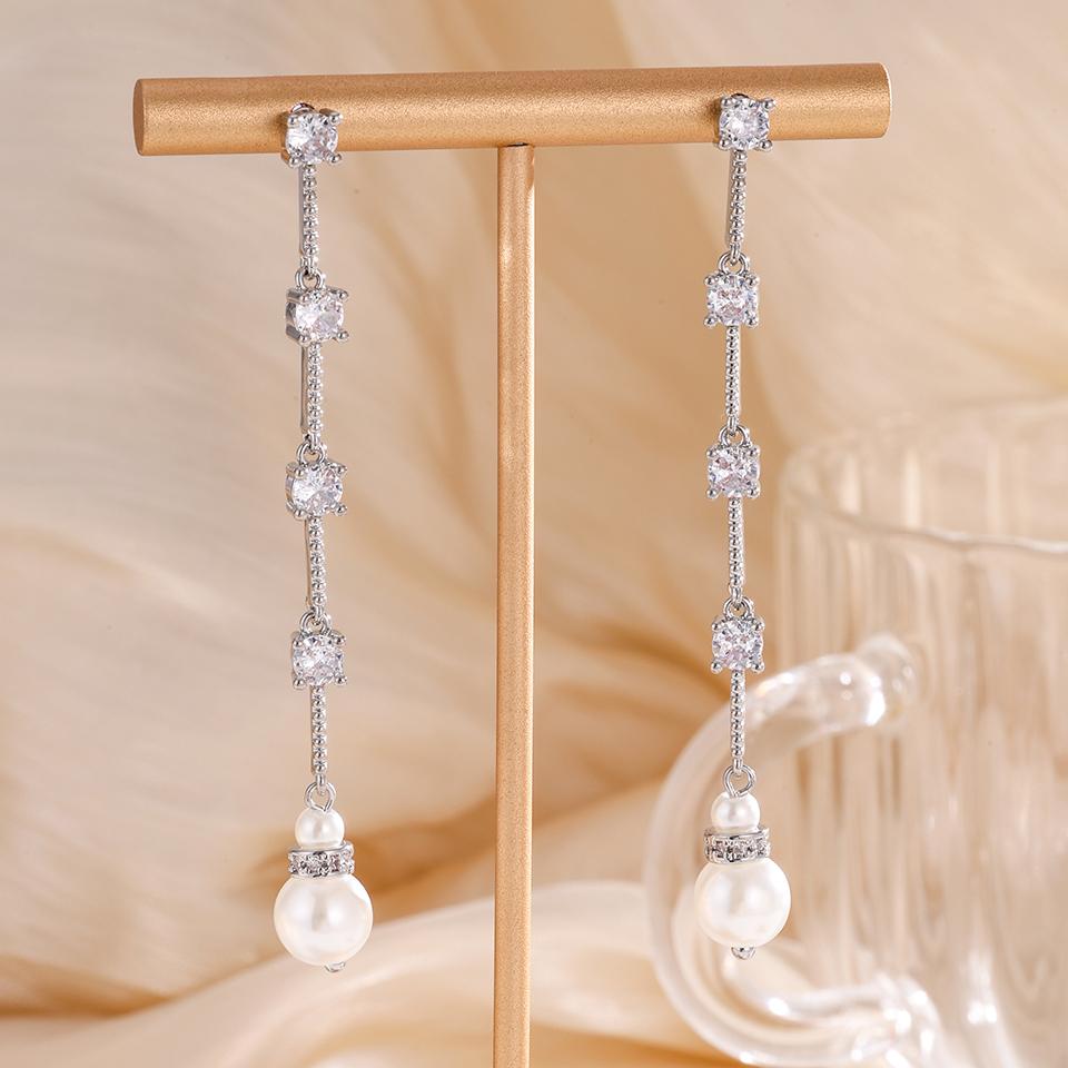 ZAKOL Exquisite Shiny Zircon Round Zircon Long Earrings High-quality Sliver Gold Color Bridal Earring Zircon Gift