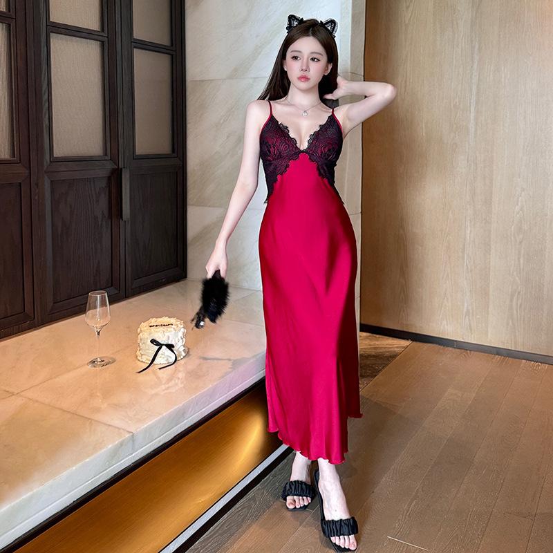 Live stream ice silk pajamas long suspender nightgown nightgown two-piece suit women's sexy lace bathrobe loungewear long dress