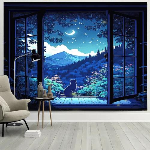 Window Cat Tapestry Landscape Background Hanging Cloth Cure Dream Wall Cloth Bedroom Living Room Bedside Decorative for Girls